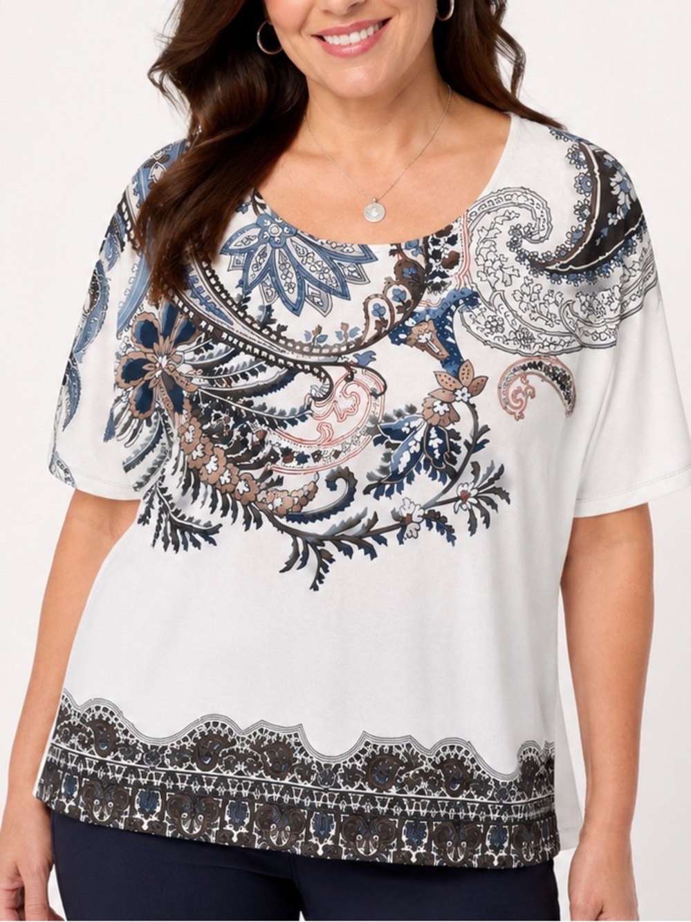 Chico’s Zenergy Paisley Embellished Stretch Top Size 3 XL Blue White Boho